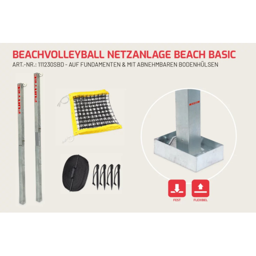 Strandröplabda hálórendszer Beach Basic 8,5 m (alapokon + kivehető talajvédő hüvelyek)