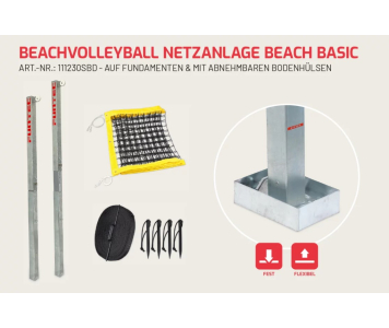 Strandröplabda hálórendszer Beach Basic 8,5 m (alapokon + kivehető talajvédő hüvelyek)