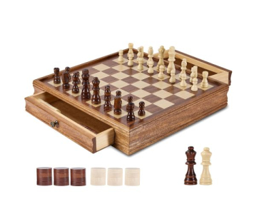Tömörfa sakkkészlet, 15 hüvelykes 2 az 1-ben sakk dámajáték-készlet